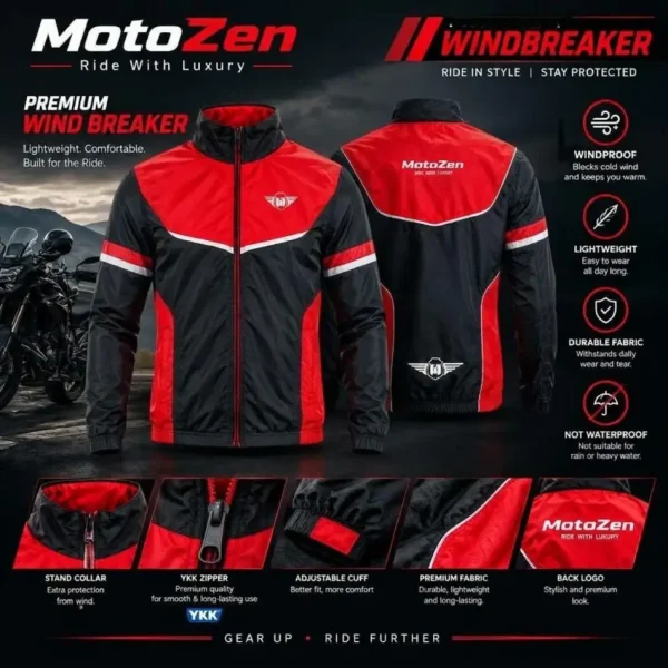 MotoZen Premium Windbreaker Red & Black– Lightweight Motorcycle Riding Jacket with YKK Zipper