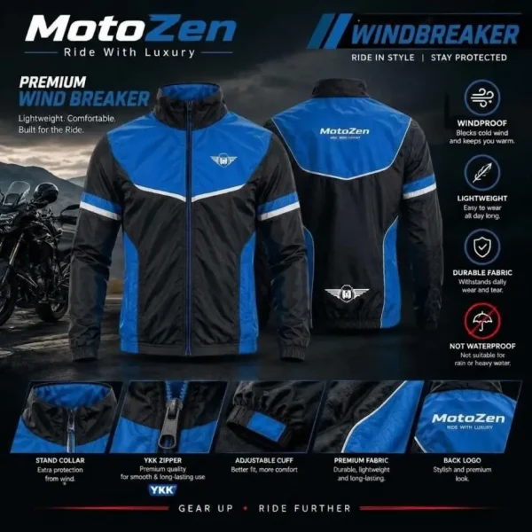 MotoZen Premium Windbreaker Blue & Black– Lightweight Motorcycle Riding Jacket with YKK Zipper