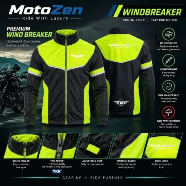 MotoZen Premium Windbreaker Neon & Black– Lightweight Motorcycle Riding Jacket with YKK Zipper