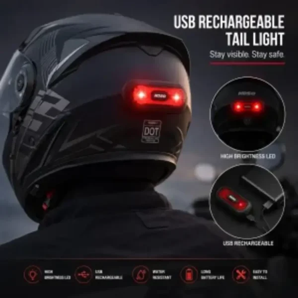 Helmet Tail Light (USB Rechargeable) – High Brightness LED Safety Light for Motorcycle Riders