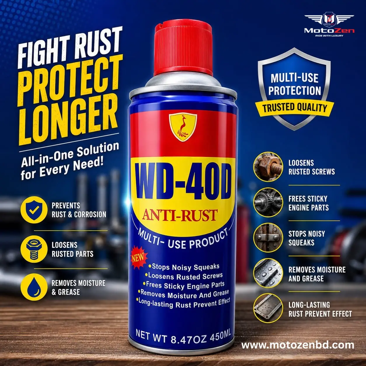 WD-40D (2) WD-40D Anti-Rust Multi-Use Spray 450ml | Rust Remover, Lubricant & Moisture Protection Spray - Image 1