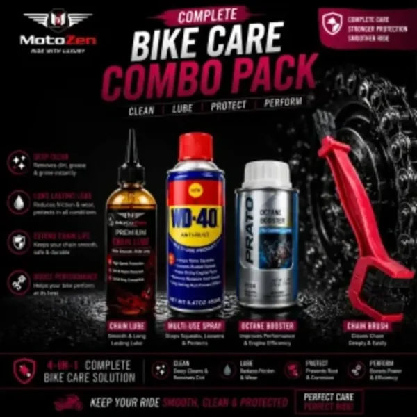MotoZen 4-in-1 Complete Bike Care Combo Pack – Chain Lube, Multi-Use Spray, Octane Booster & Chain Brush