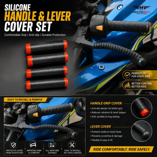 Motorcycle Silicone Handle Grip- Brake & Clutch Lever Cover Combo Set – 4 Pcs