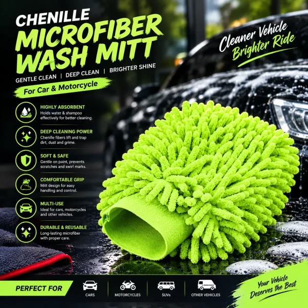 Chenille Microfiber Wash Mitt | Premium Car & Motorcycle Wash Glove