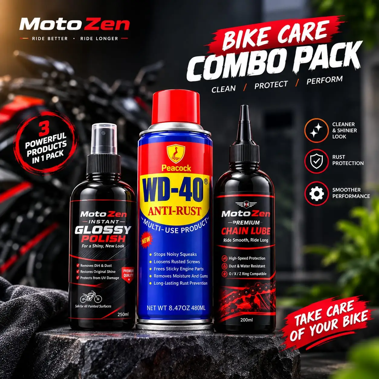 MotoZen Care Combo 3pcs Motorcycle Care Combo – Shine, Protect & Lubricate - Image 1