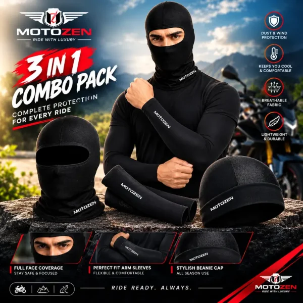 3-in-1 Motorcycle Riding Combo Pack – Balaclava, Arm Sleeves & Inner Cap